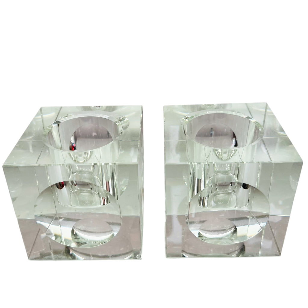 Vintage OLEG CASSINI Crystal Square Votive Holder Signed -Pair