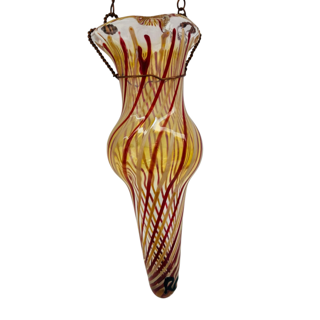Vintage Robert Coleman Signed RC Handblown Spiral Glass Hanging Chain Bud Vase