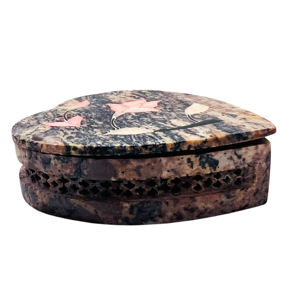 Heart Shaped Stone Pink Inlay Flowers Trinket Box