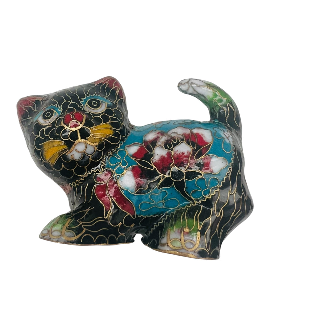Vintage Chinese Cloisonne Copper Brass Enamel Cat Figurine Statue