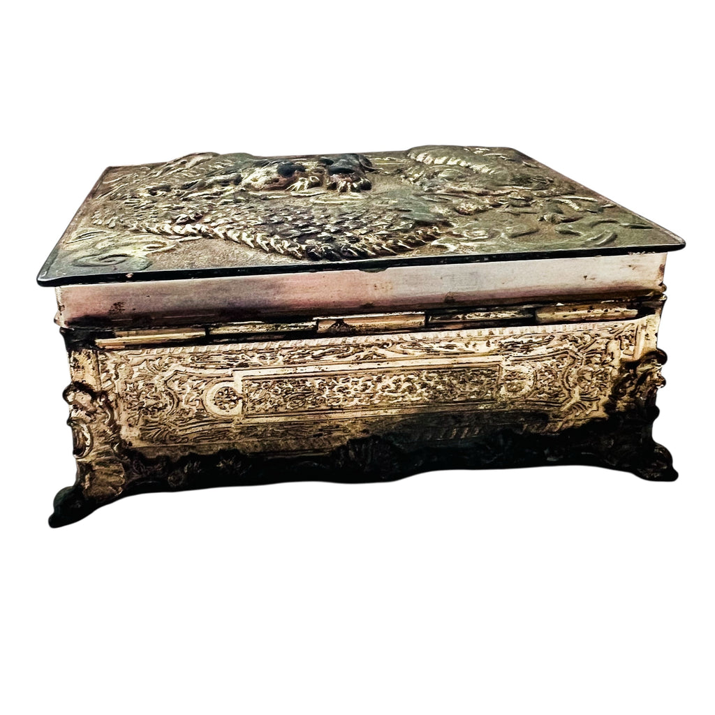 Vintage Japanese Dragon Hinged Silver Metal Storage Box