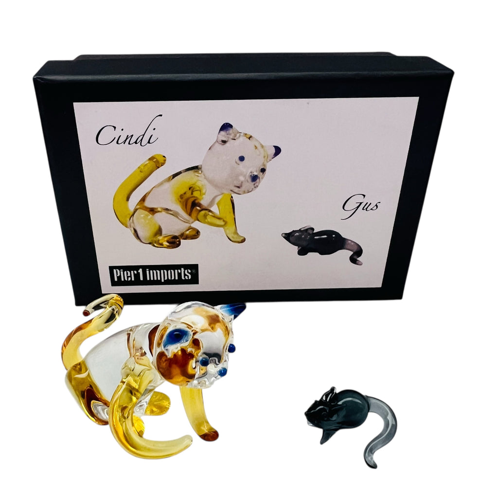 Pier One Glass Cat & Mouse Cindi & Gus Miniature Blown Glass Figurines