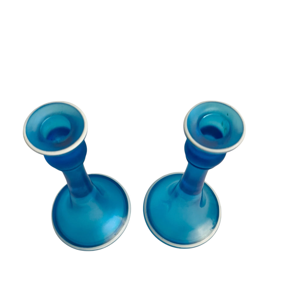 Dugan Diamond Celeste Blue Glass Enameled White Trim Candle Holders