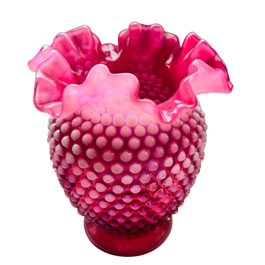 Vintage Fenton Cranberry Opalescent Glass Hobnail Crimped Vase