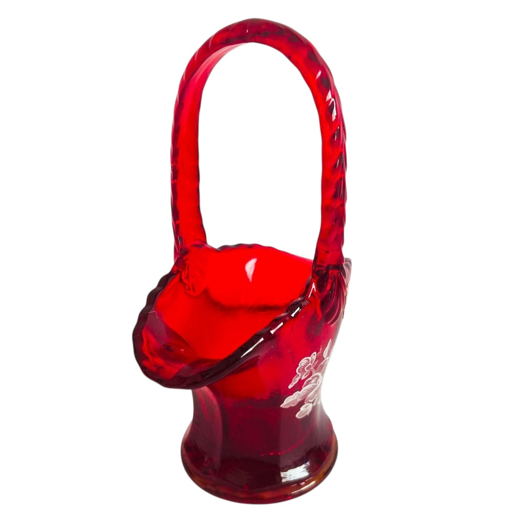 Vintage Westmoreland Ruby Red Art Glass Hand Painted Floral Basket