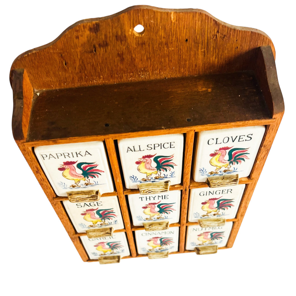 Vintage Fred Roberts Rooster Wooden Ceramic Spice Rack Made in Japan