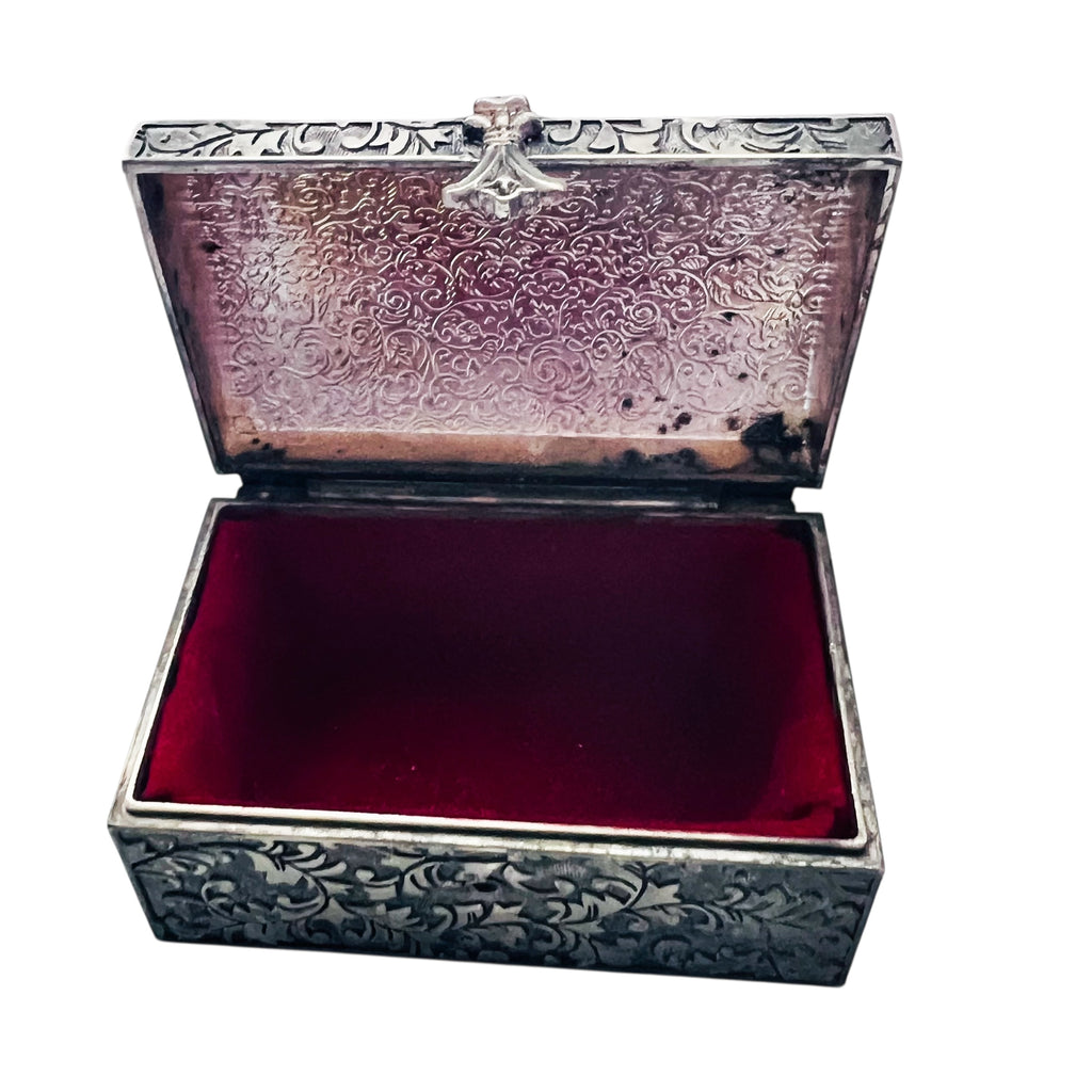 Vintage Silver Plated Embossed Botanical Jewelry Red Velvet Interior Hinged Box