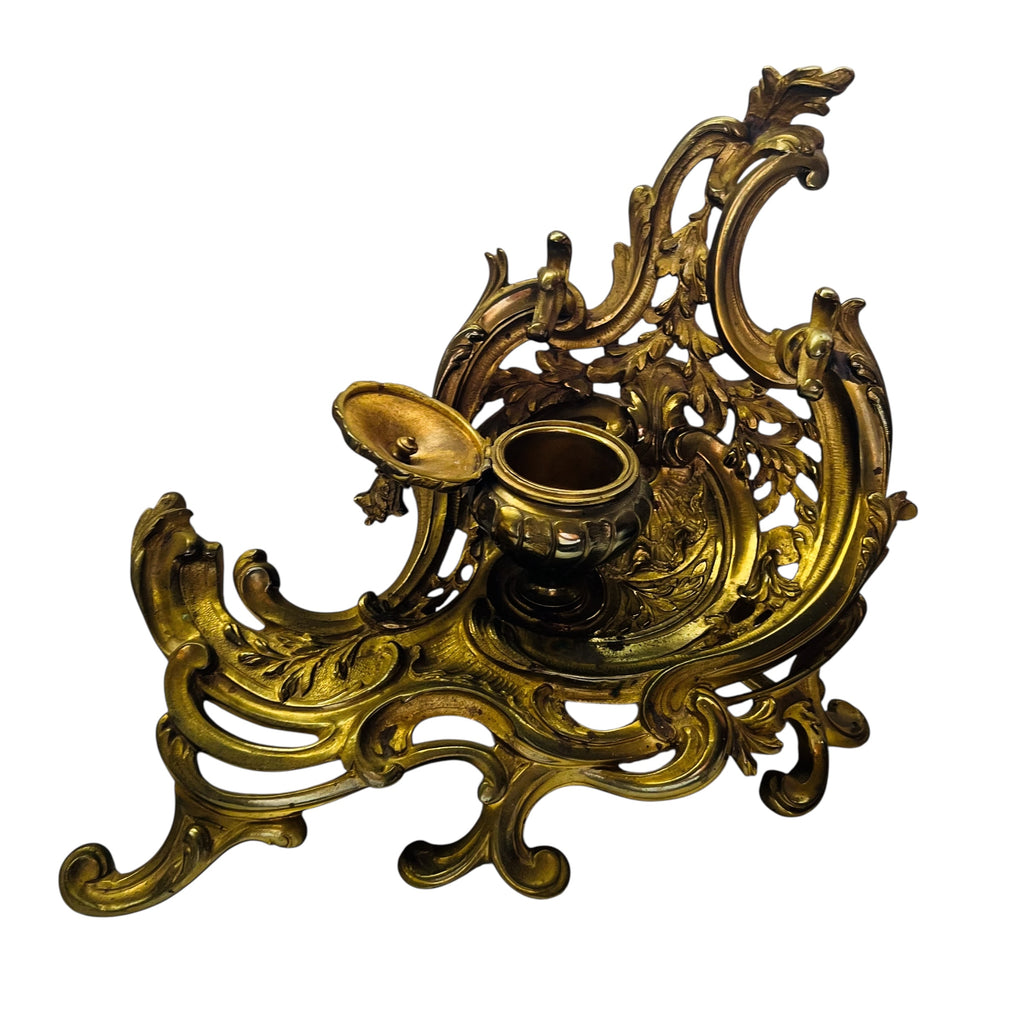 Antique Brass Desk Ink Well Ornate Footed Hinged Lid