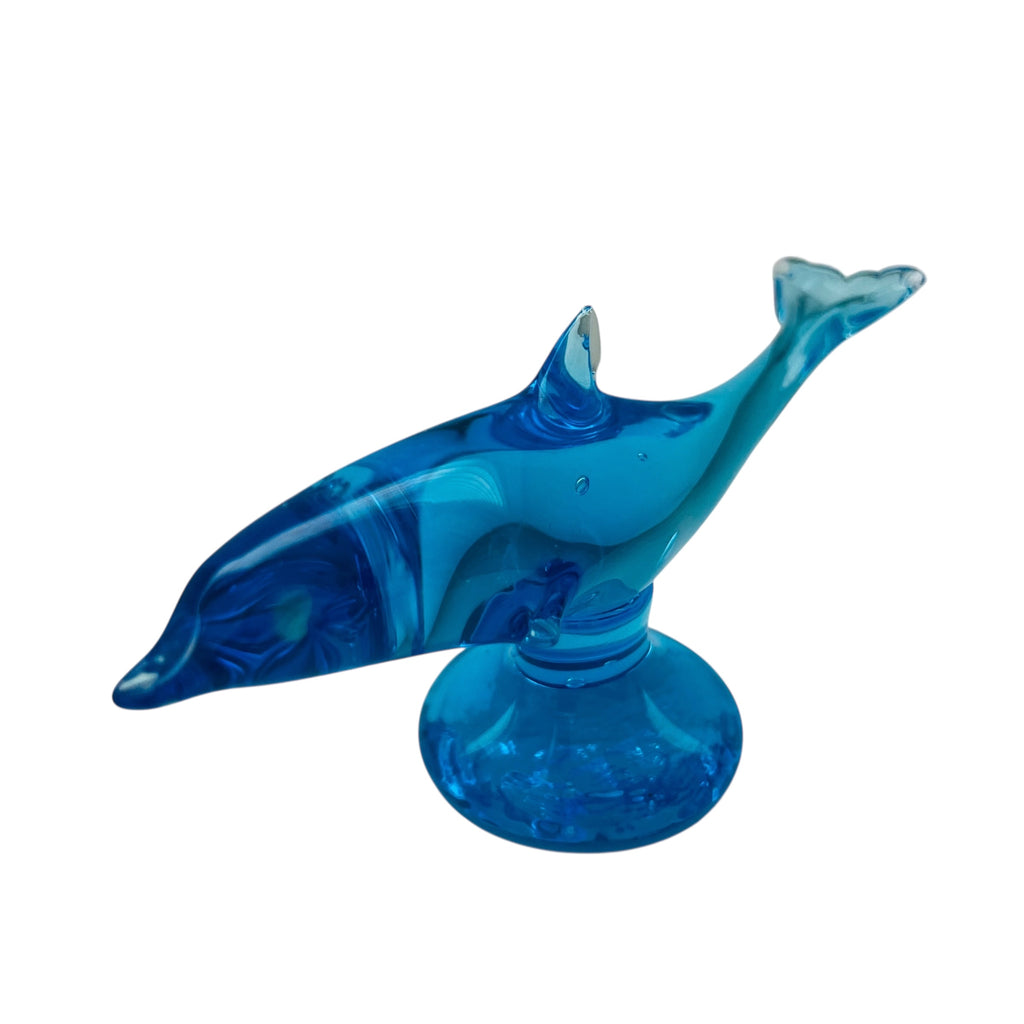 Vintage Ray Ron Blue Art Glass Dolphin Pedestal Figurine