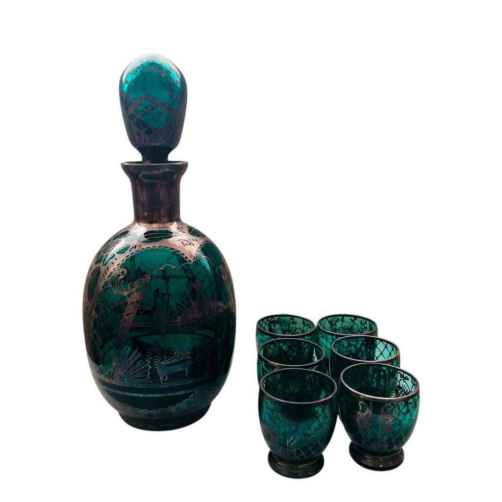 Vintage Emerald Glass Decanter & Silver Overlay 6 Glasses Set