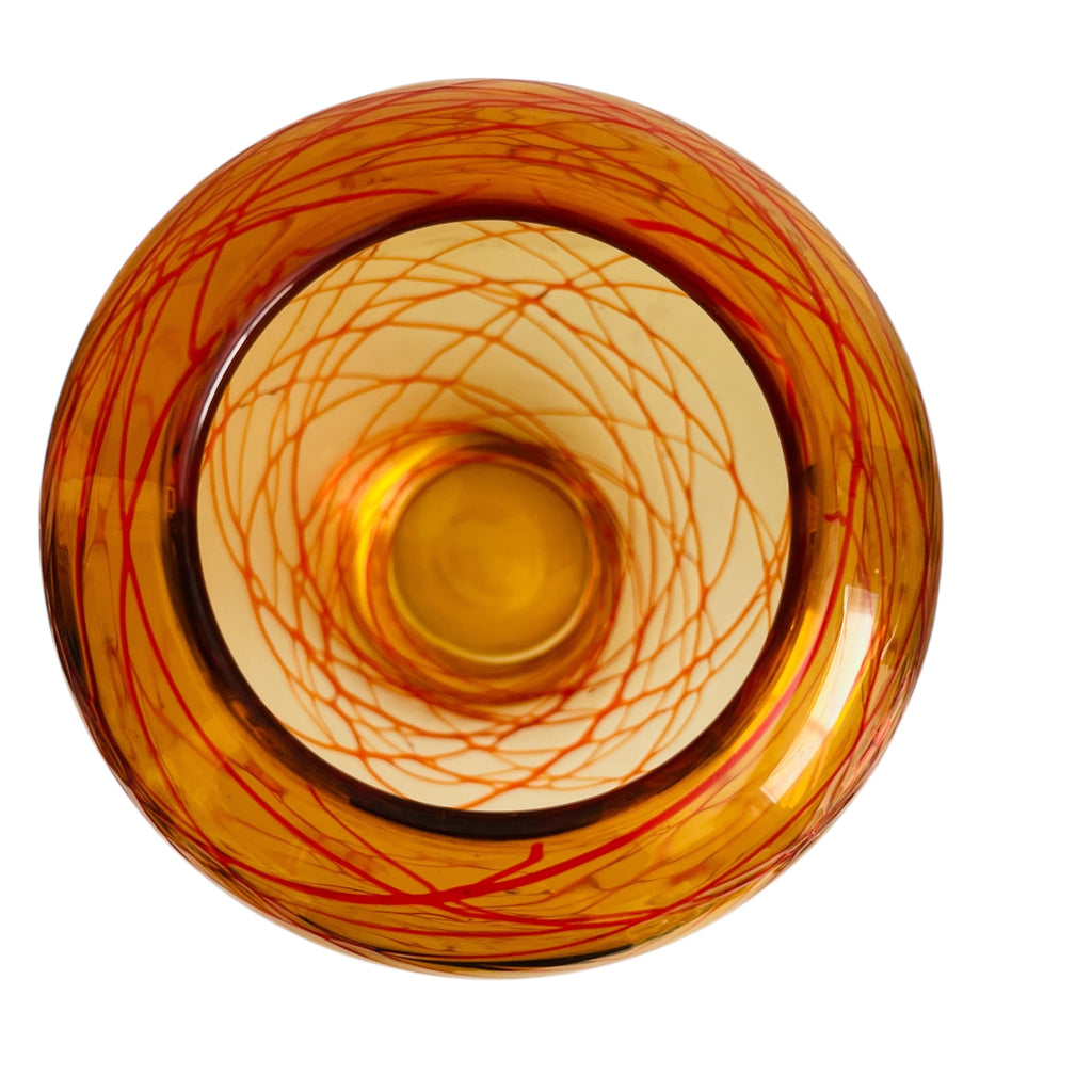 Vintage Hand Blown Amber Orange and Red Threaded Art Glass Vase