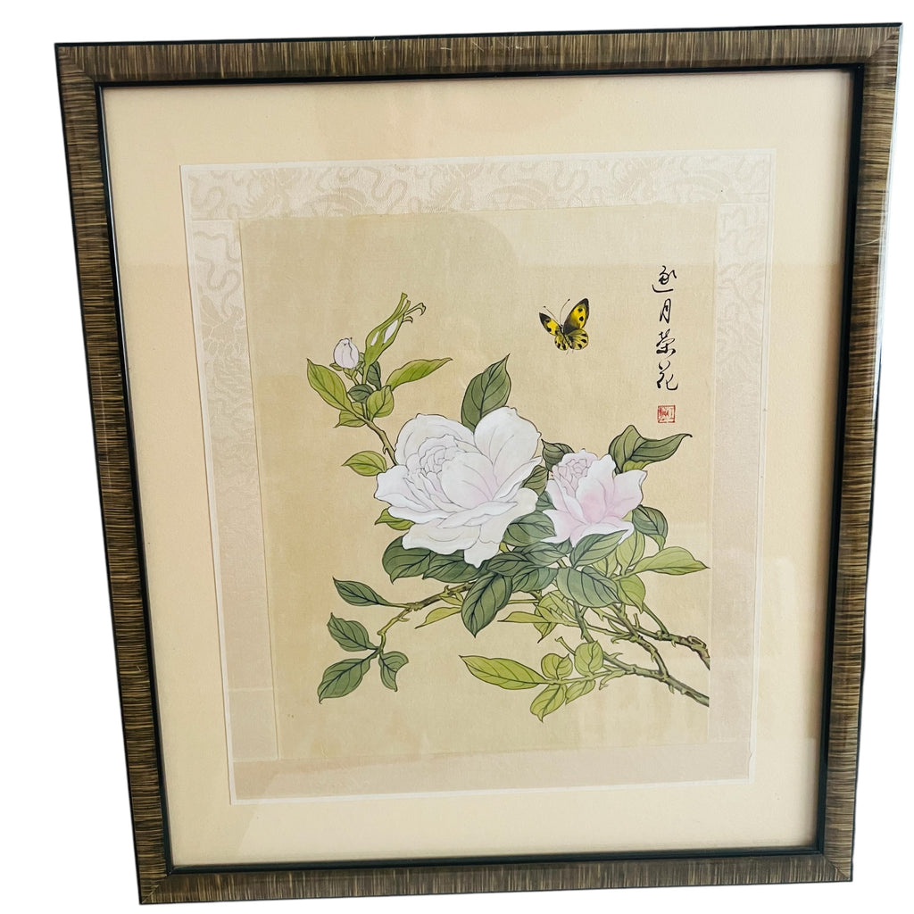 Chinese Watercolor Gouache Floral Butterfly Paintings in Gold Frame Pair