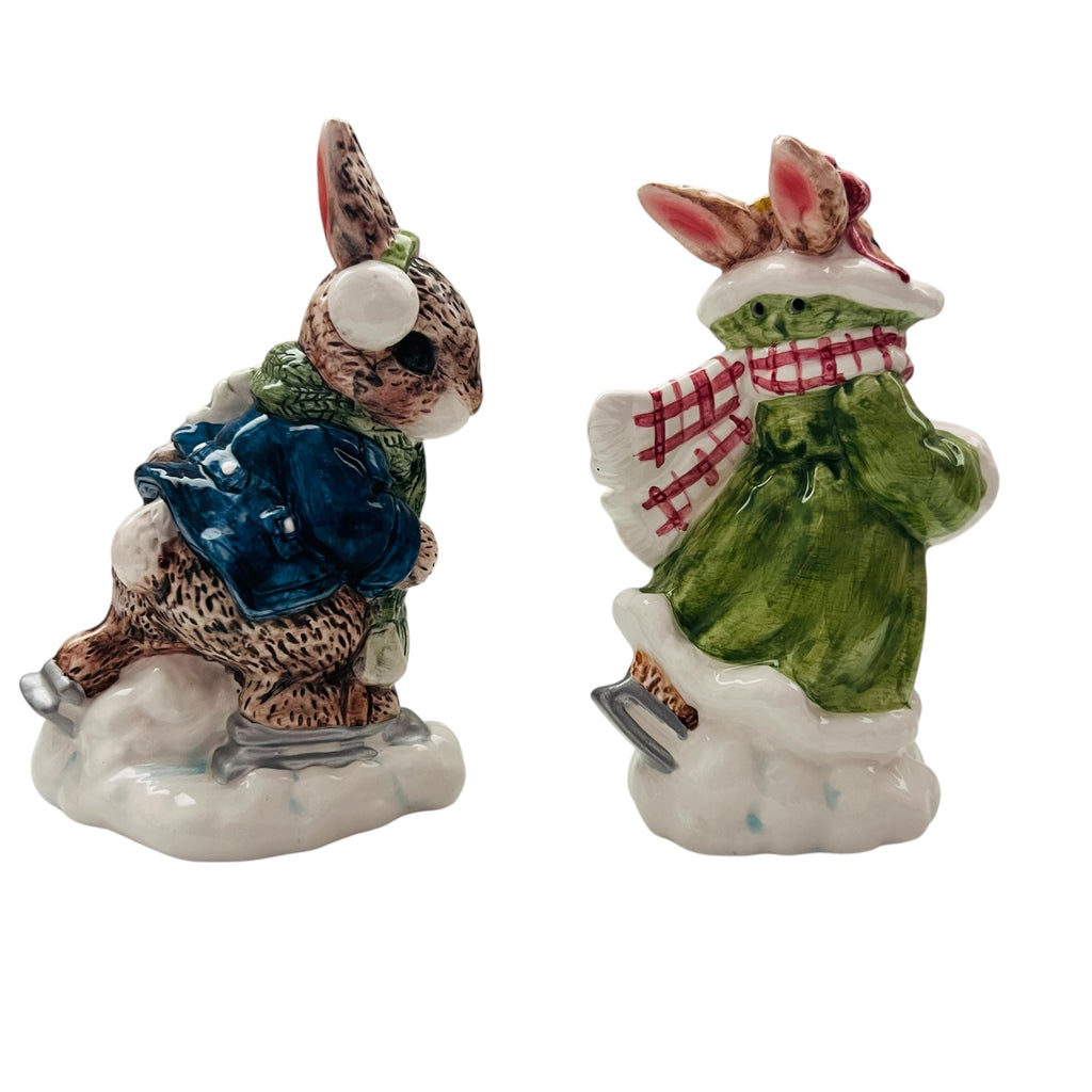 Vintage Enesco Ice Skating Rabbits Priscilla Hillman Bunny Salt & Pepper Set