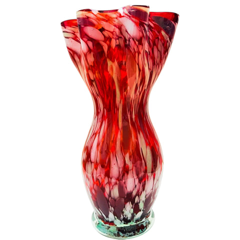 Vintage Art Glass Stretched Ruffle Splattered End Of Day JAPAN Vase