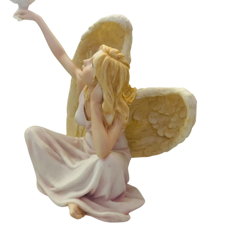 Vintage Sitting Angel in Pink with Dove Statue Figurine