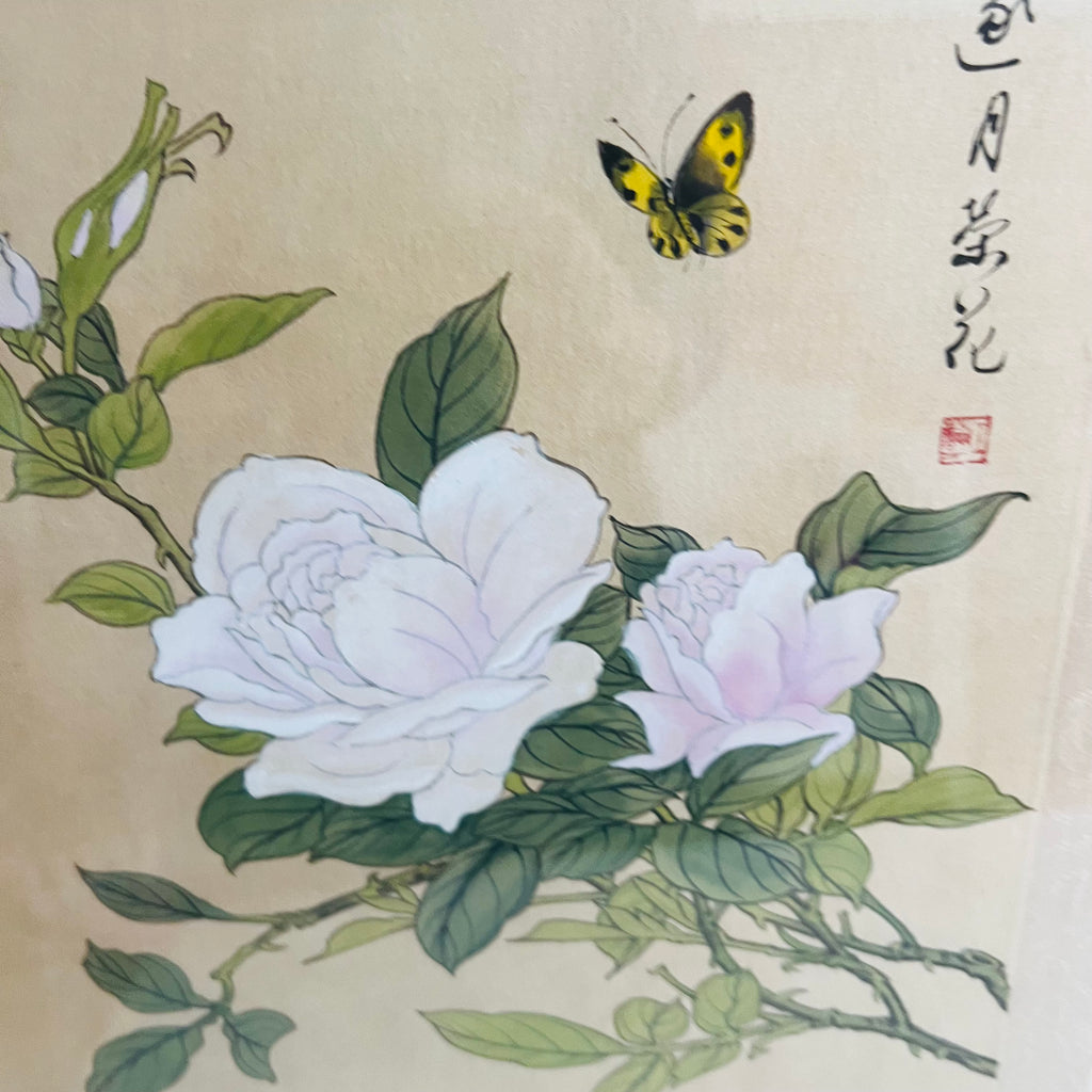 Chinese Watercolor Gouache Floral Butterfly Paintings in Gold Frame Pair