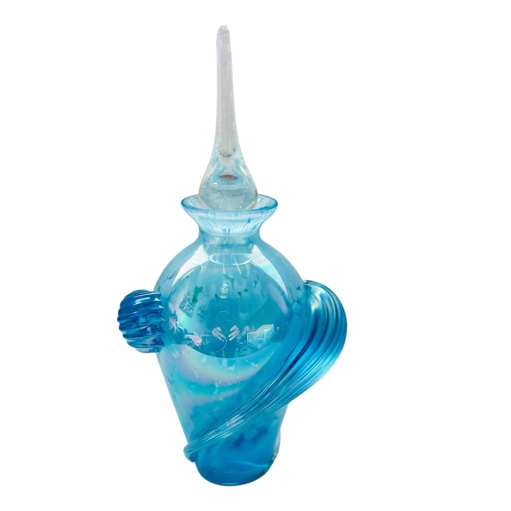 Vintage Blue Glass Iridescent Perfume Bottle Swirls w/ Glass Stopper
