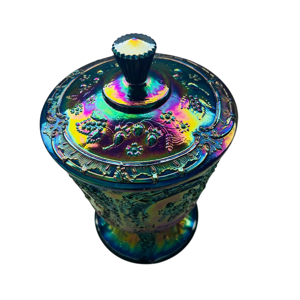Vintage Fenton Pedestal Iridescent Carnival Glass Candy Dish with Lid