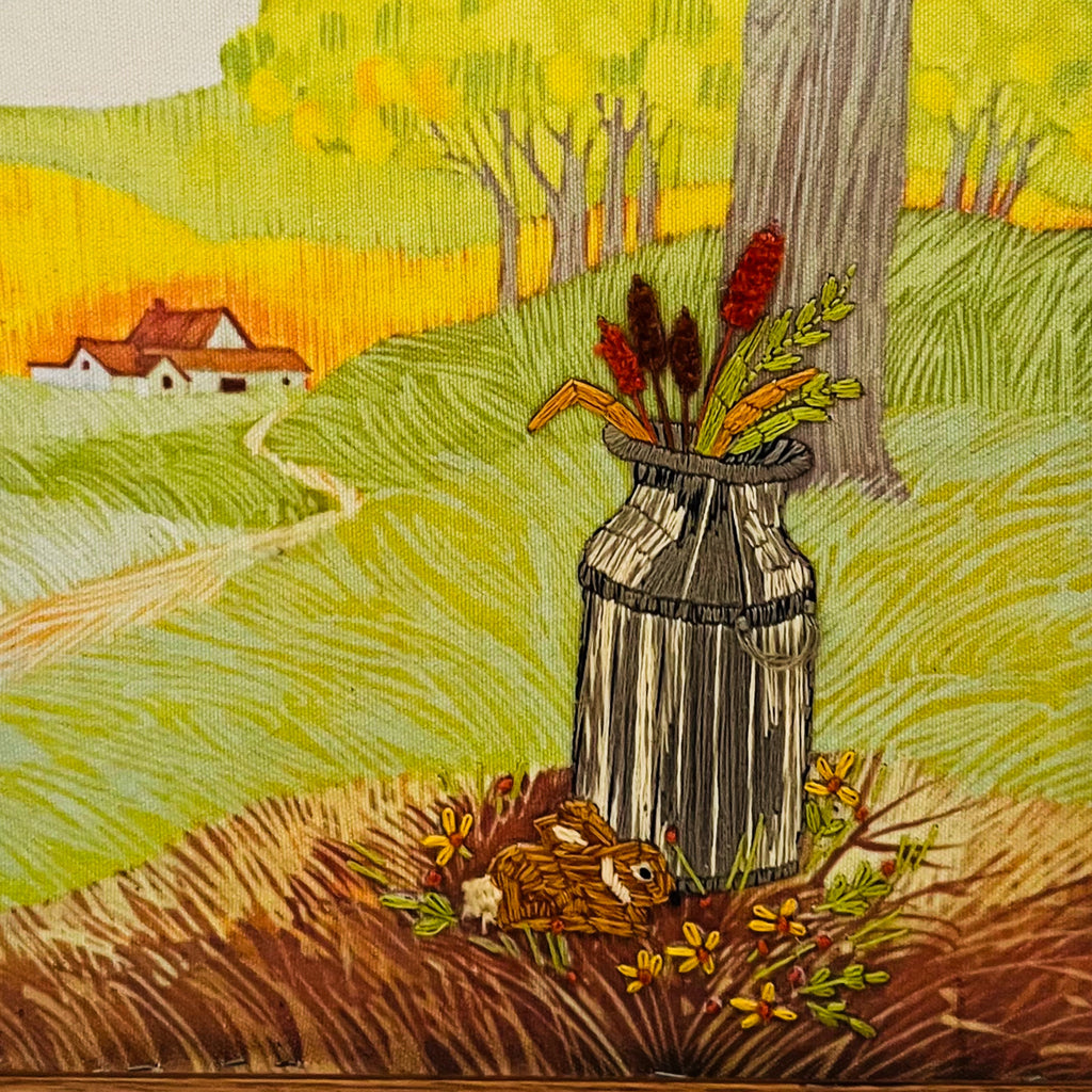 Vintage Needlepoint Handmade Birds Water Pump Well House Landscape Framed Art