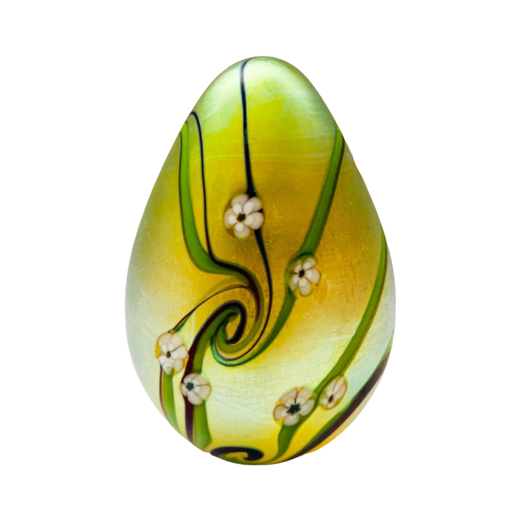 Orient & Flume Bird & Flowers Egg Shape Gold Art Glass Signed Paperweight