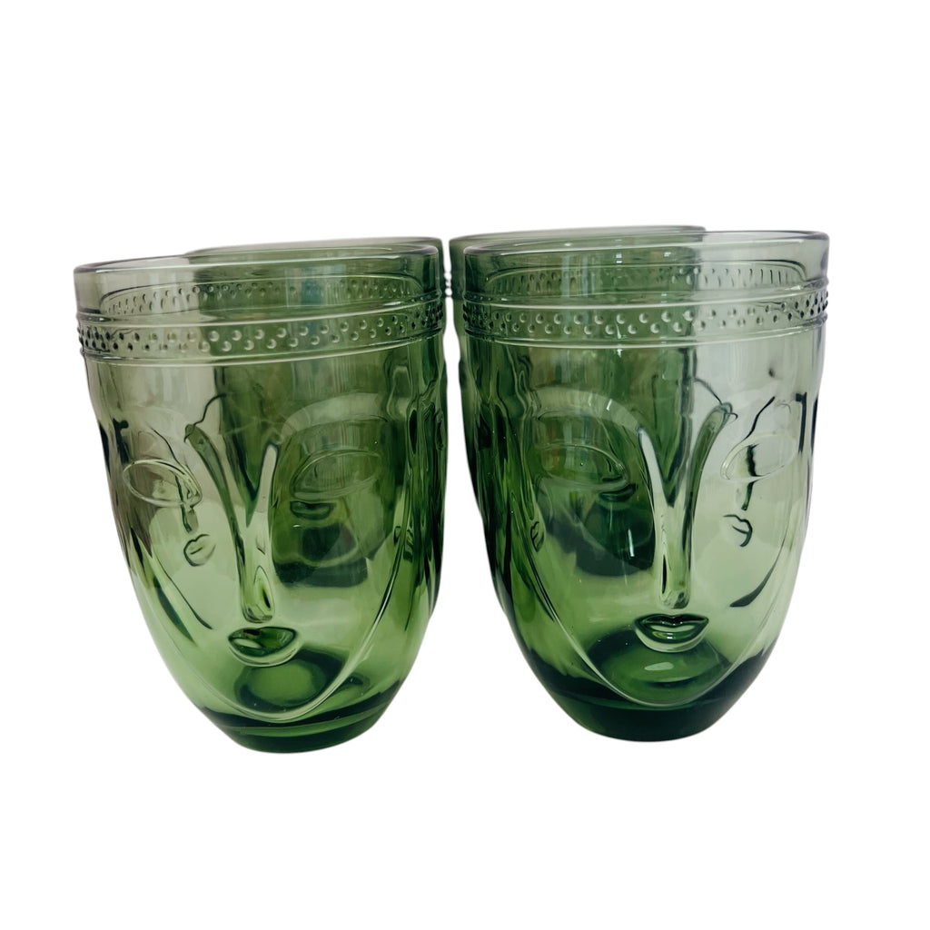 Green Sculpted Face Glass Drinking Glass Tumblers - Set of 4