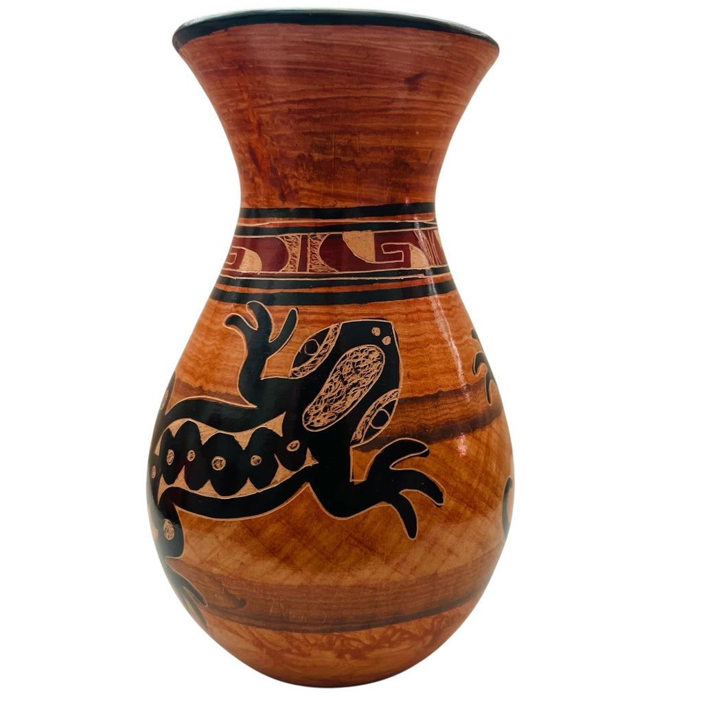 Costa Rica Pottery Carved Lizard Signed Vase