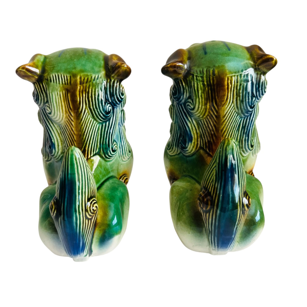 Vintage Green Ceramic Foo Dog Statues - Pair