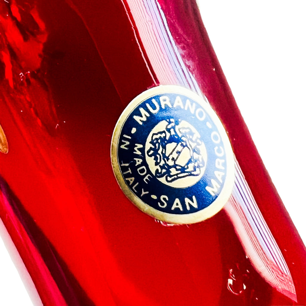 Vintage Murano Bohemian Red Glass Gold Gilt Applied Enamel Flowers Vase