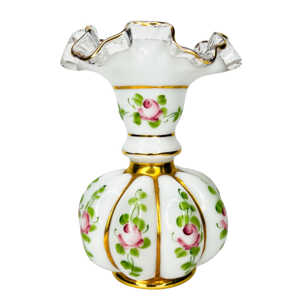 Fenton Charleton Roses Crest Melon Milk Glass Ruffle Vase
