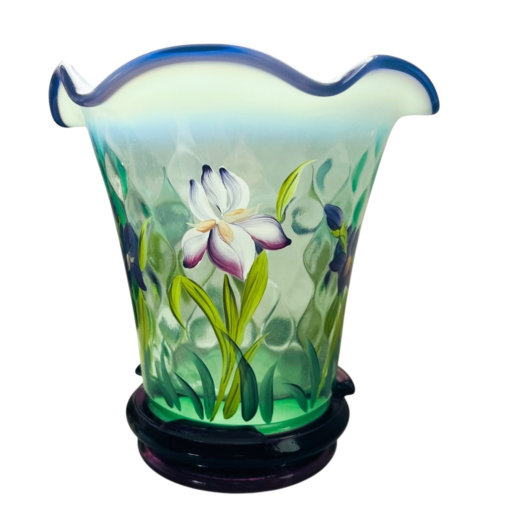 Fenton Hand Painted Floral Flip Vase Opalescent Optic Green Vase with Stand