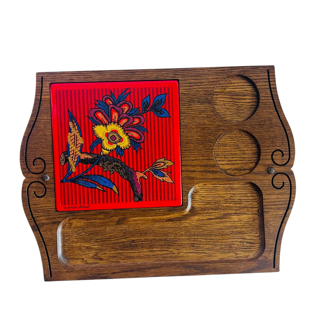 Vintage Georges Briard Wooden Charcuterie Fruits Cheese Floral Tile Board Tray