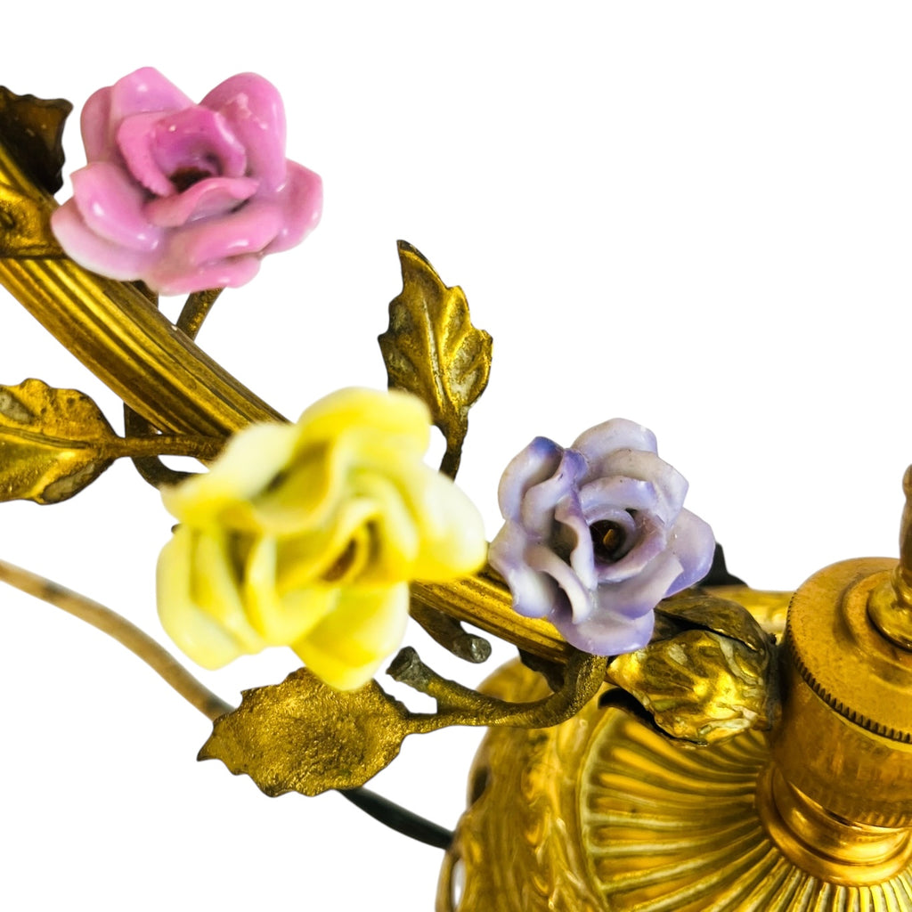 Vintage French Ormolu Porcelain Flowers Tole Toleware Boudoir Gold Circle Lamp