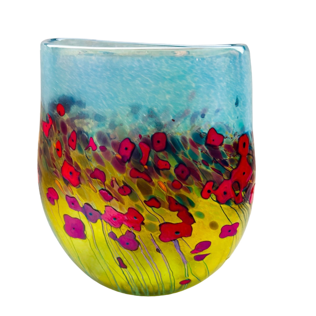 Robert Held Art Red Poppies Amber Blue Glass Signed Vase