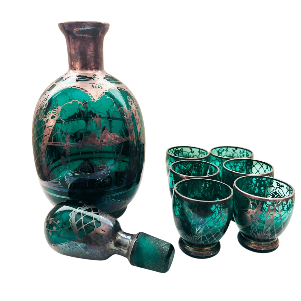 Vintage Emerald Glass Decanter & Silver Overlay 6 Glasses Set