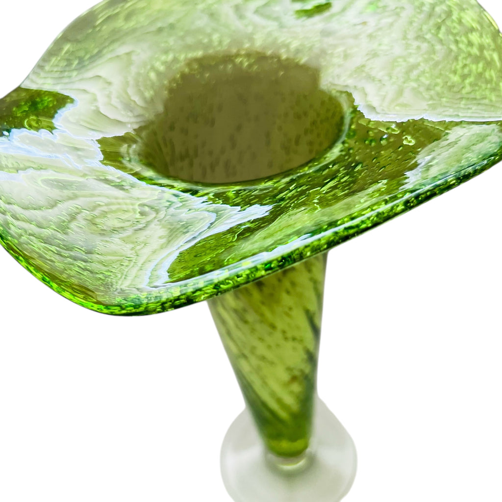 Vintage Ruffle Edge Bubble Green Clear Footed Art Glass Vase