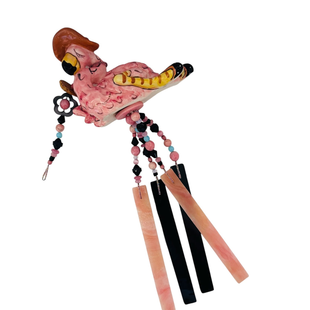 Vintage Pink Flamingo Wind Chime Wall Hanging