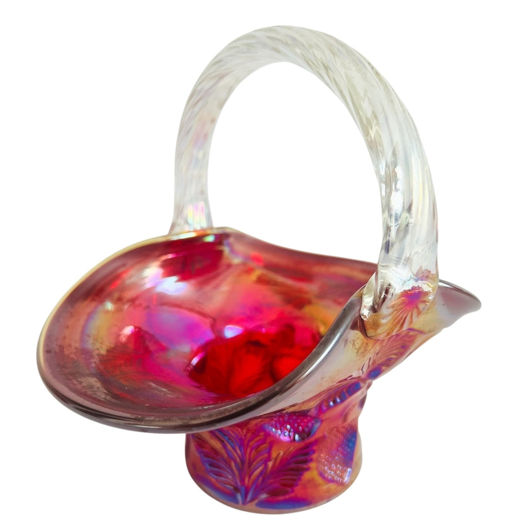 Vintage Fenton Clear Handle Red Carnival Mini Basket