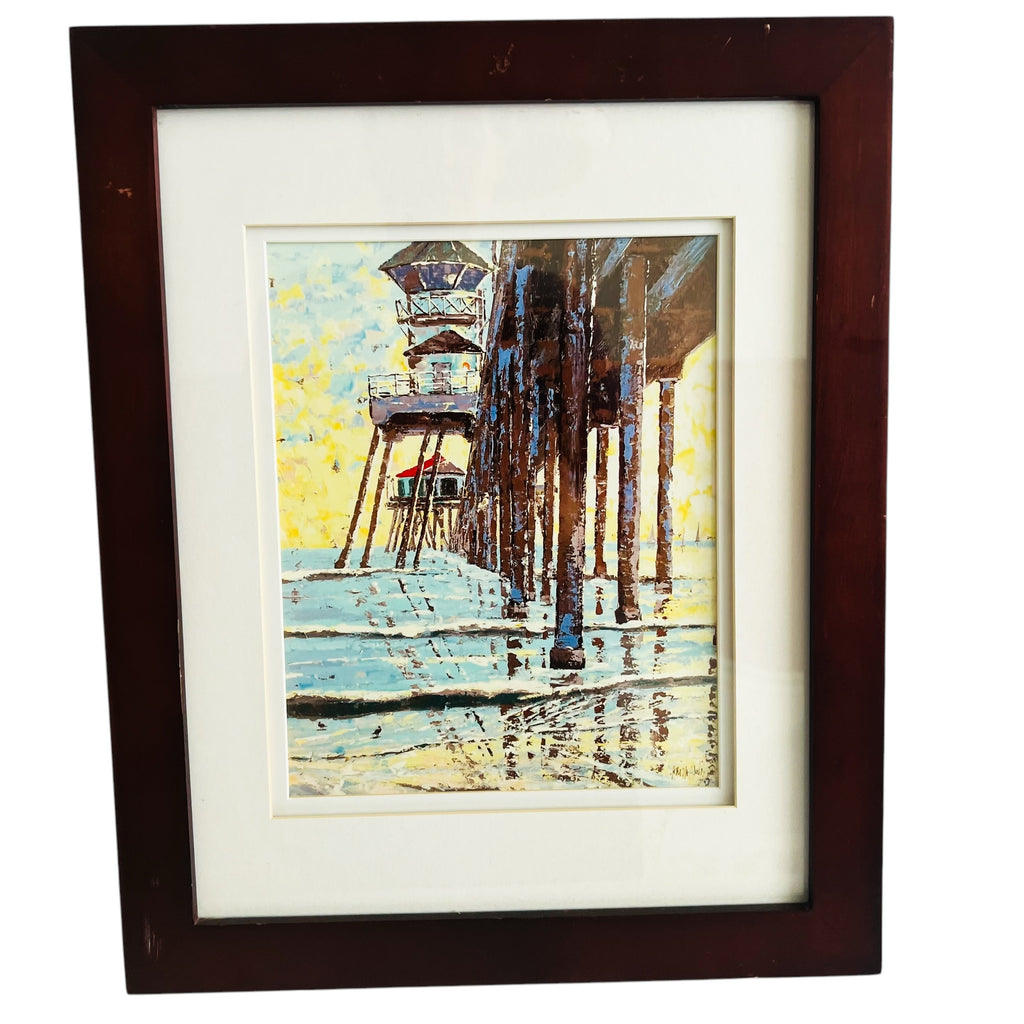 Artist Signed Huntington Beach Pier Matted Framed Coastal Pier Artwork