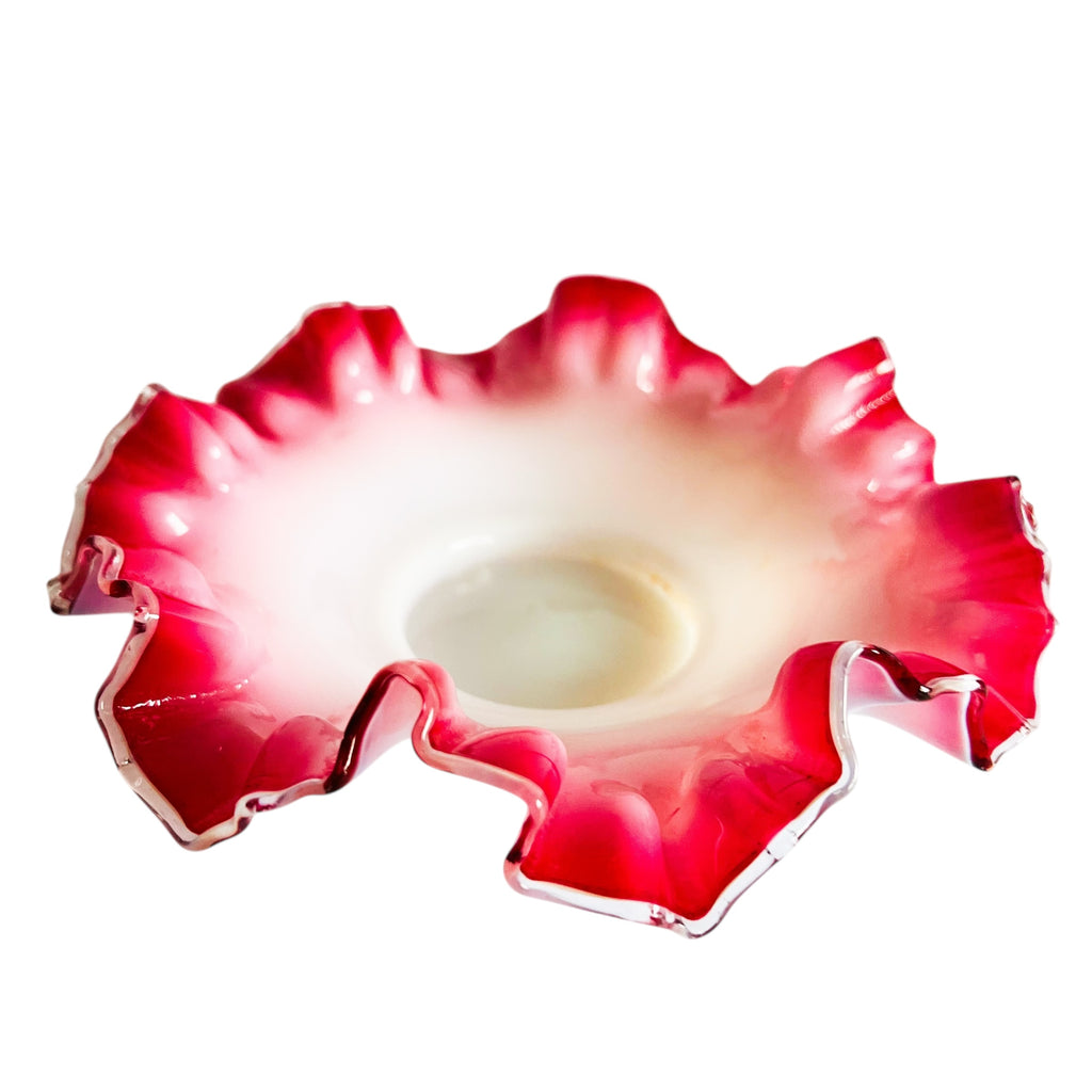 Vintage Fenton Ruffled Crimped Brides Basket Pink Ombre Milk Glass Bowl