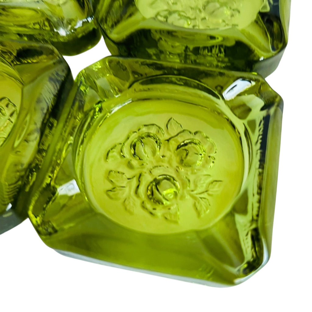 Vintage Fenton Green Glass Rose Flower Design Square Ashtray Set