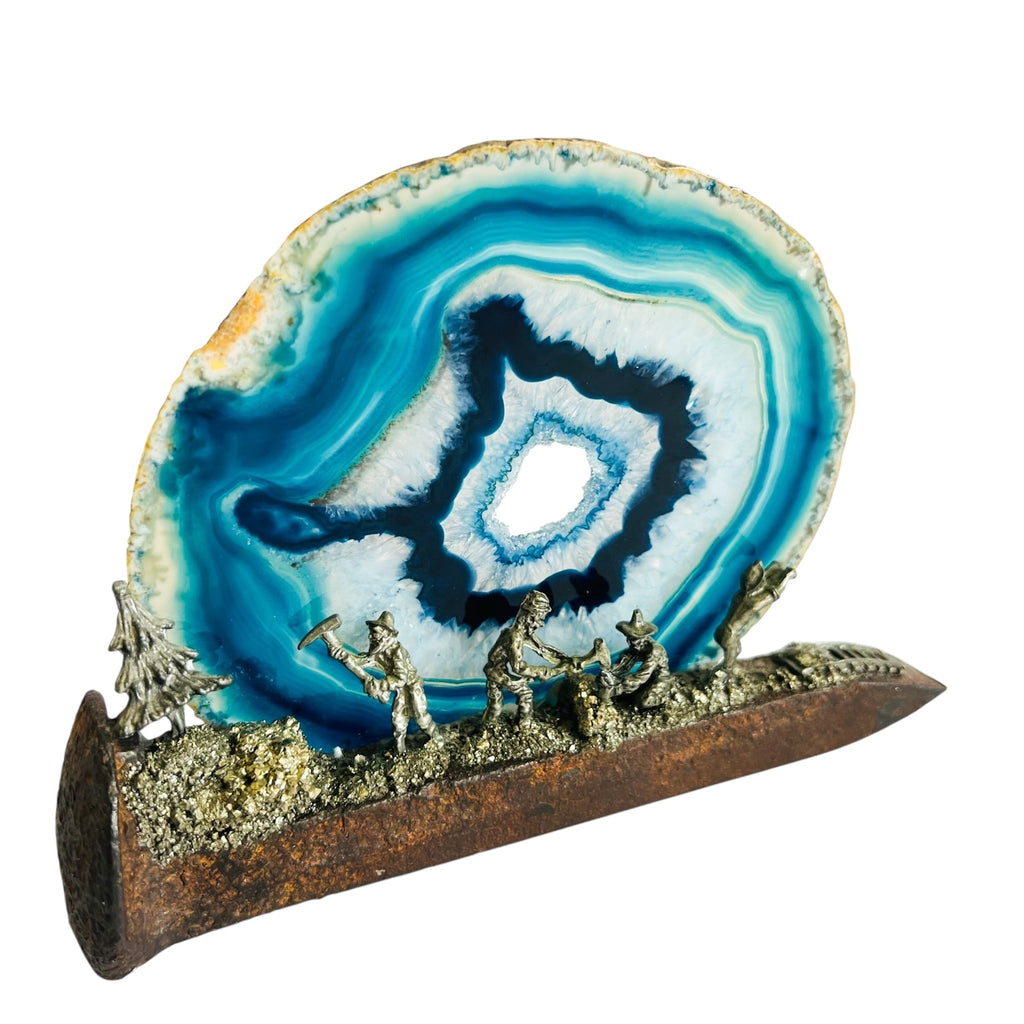 Vintage Blue Agate Pewter Detailed Rustic Nail Pewter Miner Prospector Scene