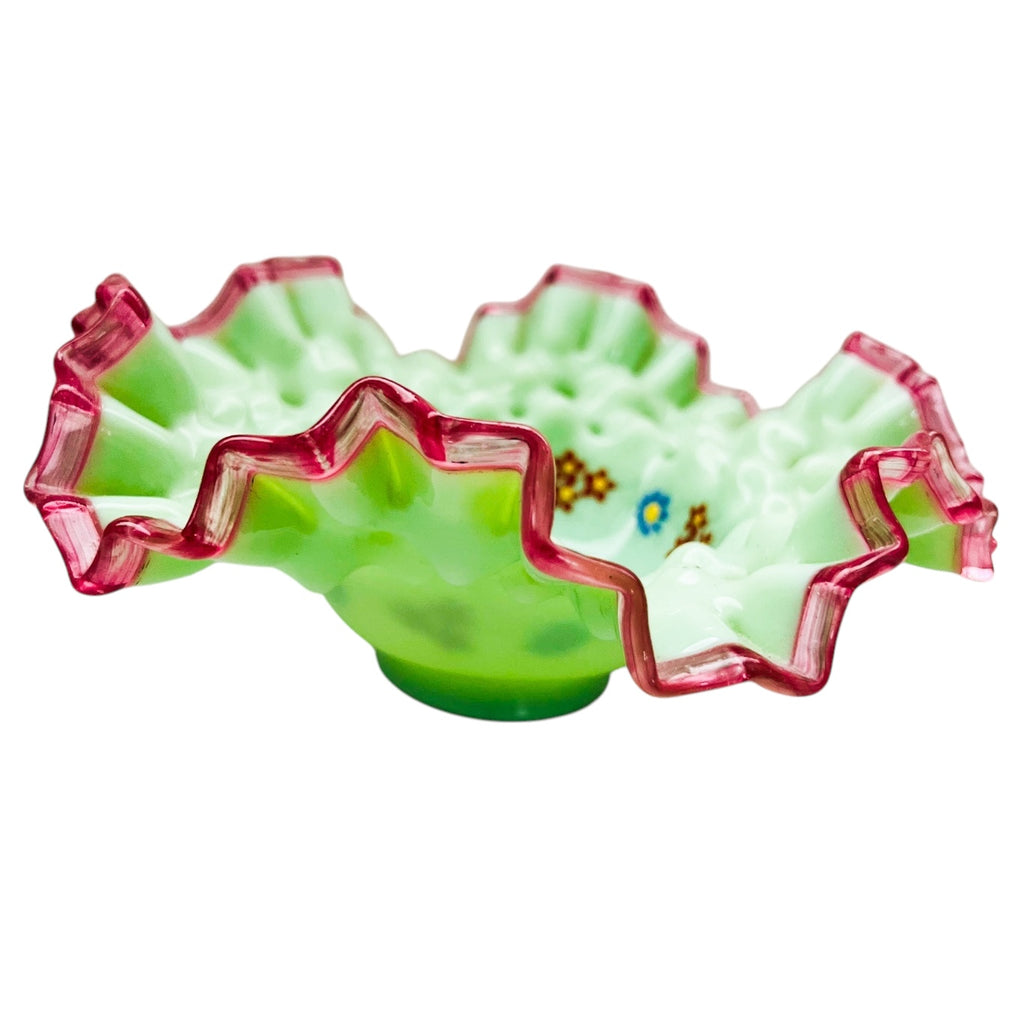 Antique Bridal Bowl With Holder St.Louis Silver Co Cased Glass Hand Painted Floral Design Ruffled Trim Basket