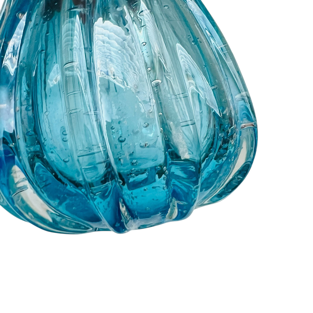 Vintage Hand Blown Aqua Blue Ribbed Rim Glass Vase