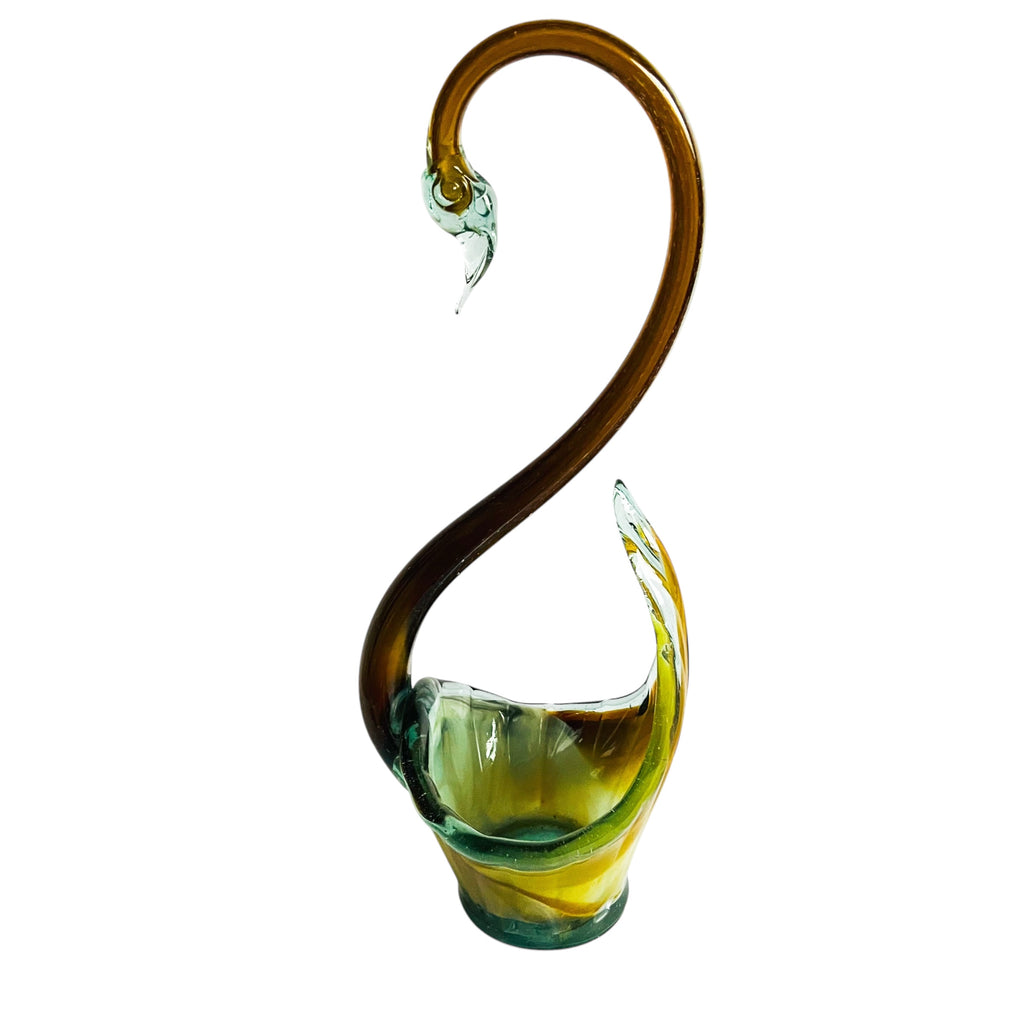 Vintage Glass Swan Basket Tall Hand Blown Green Brown Swirl Art Glass