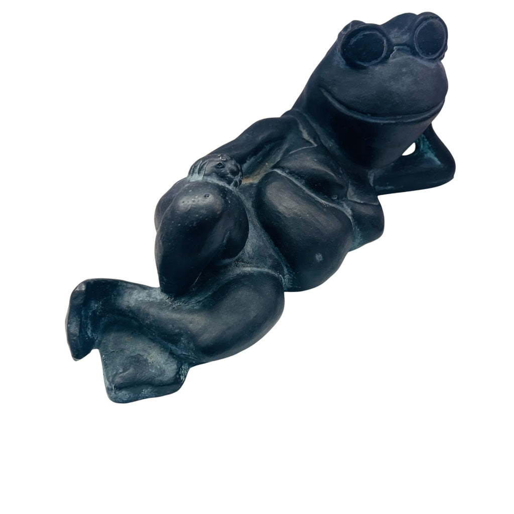 Vintage Frog Laying On Side Relaxed Sunbathing Flower Garden Statue
