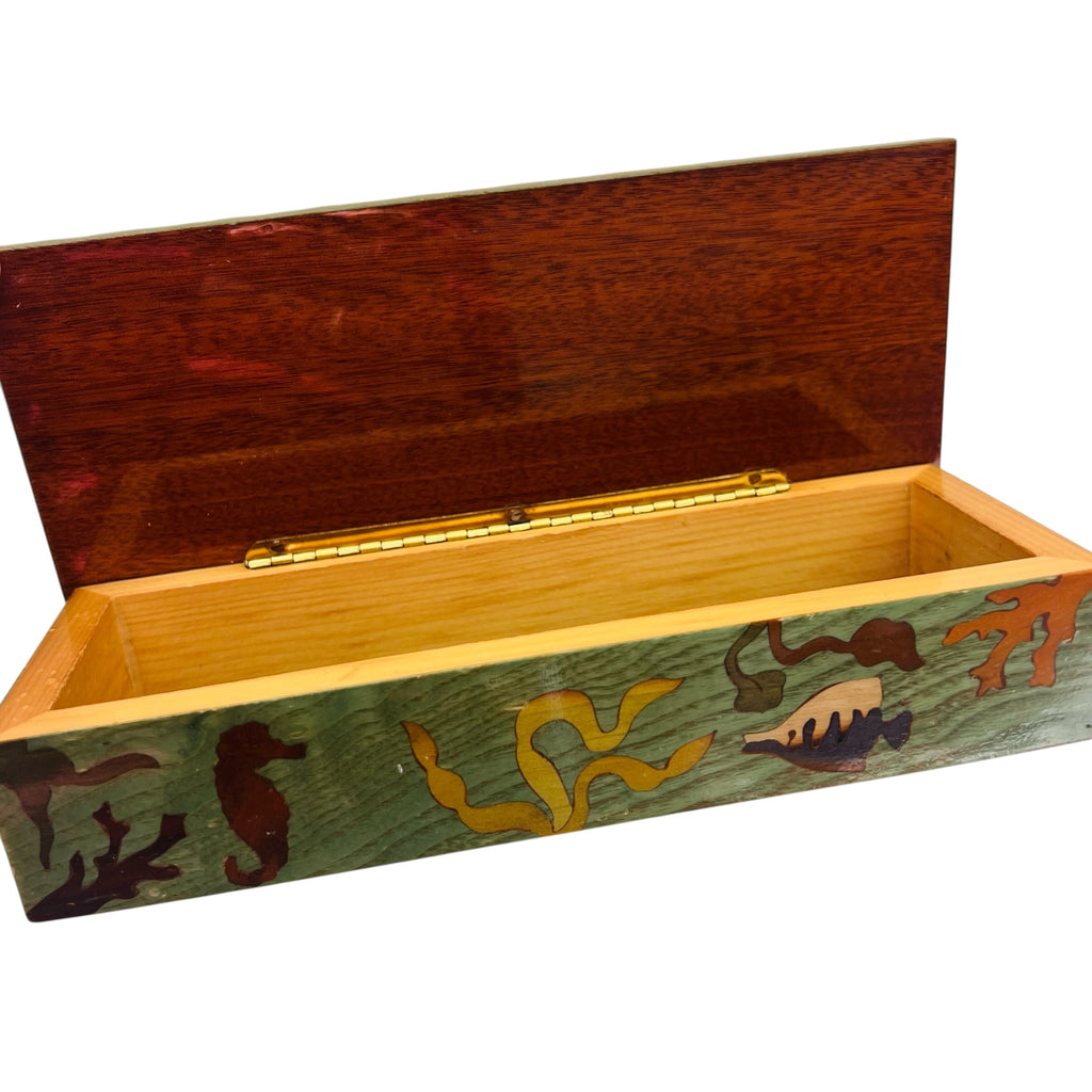 Vintage Hand-Painted Ocean Motif Wooden Lacquer Hinged Trinket Box