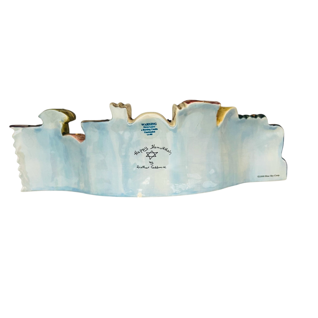 Vintage Blue Sky Clayworks Heather Goldminc 2000 Ceramic Happy Hanukkah Menorah Candle Holder