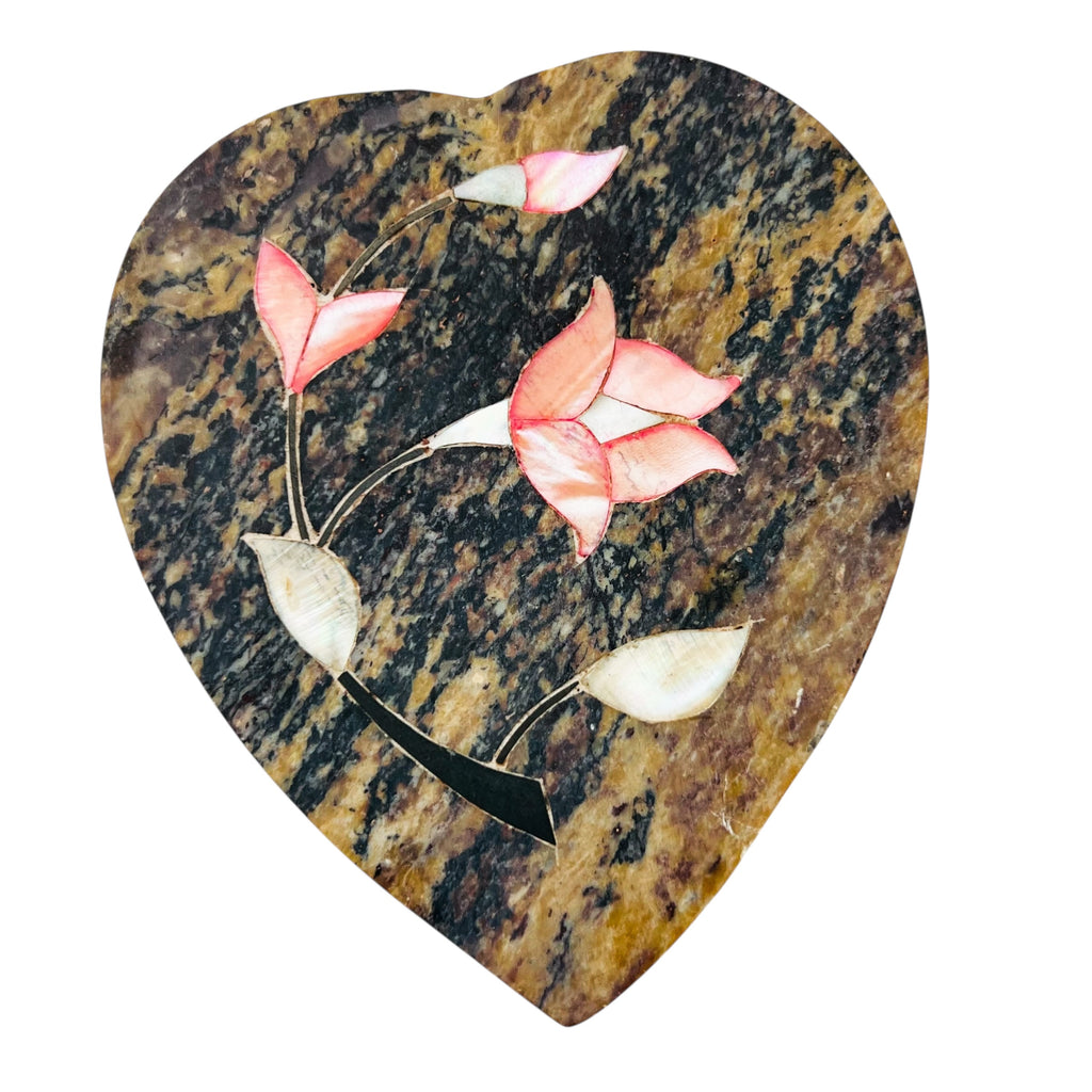 Heart Shaped Stone Pink Inlay Flowers Trinket Box
