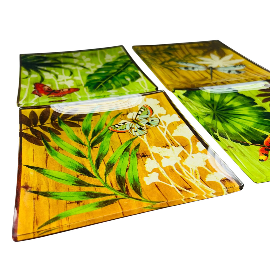 Vintage J Brinley Botanical Art Glass Hot Plate Tiles
