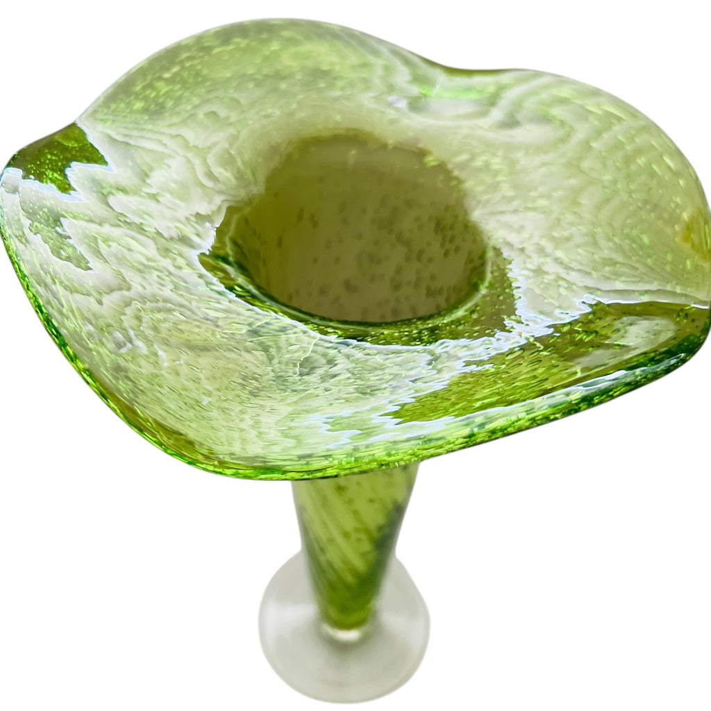 Vintage Ruffle Edge Bubble Green Clear Footed Art Glass Vase